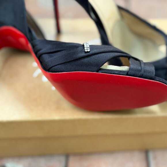 Size 7.5 Christian Louboutin Satin Peep Toe with Rhinestone Detail - Picture 6 of 7
